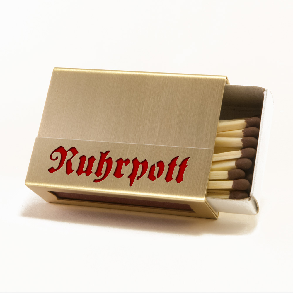 Streichholzschachtel - Huelle "Ruhrpott" aus Messing mit roter Schrift