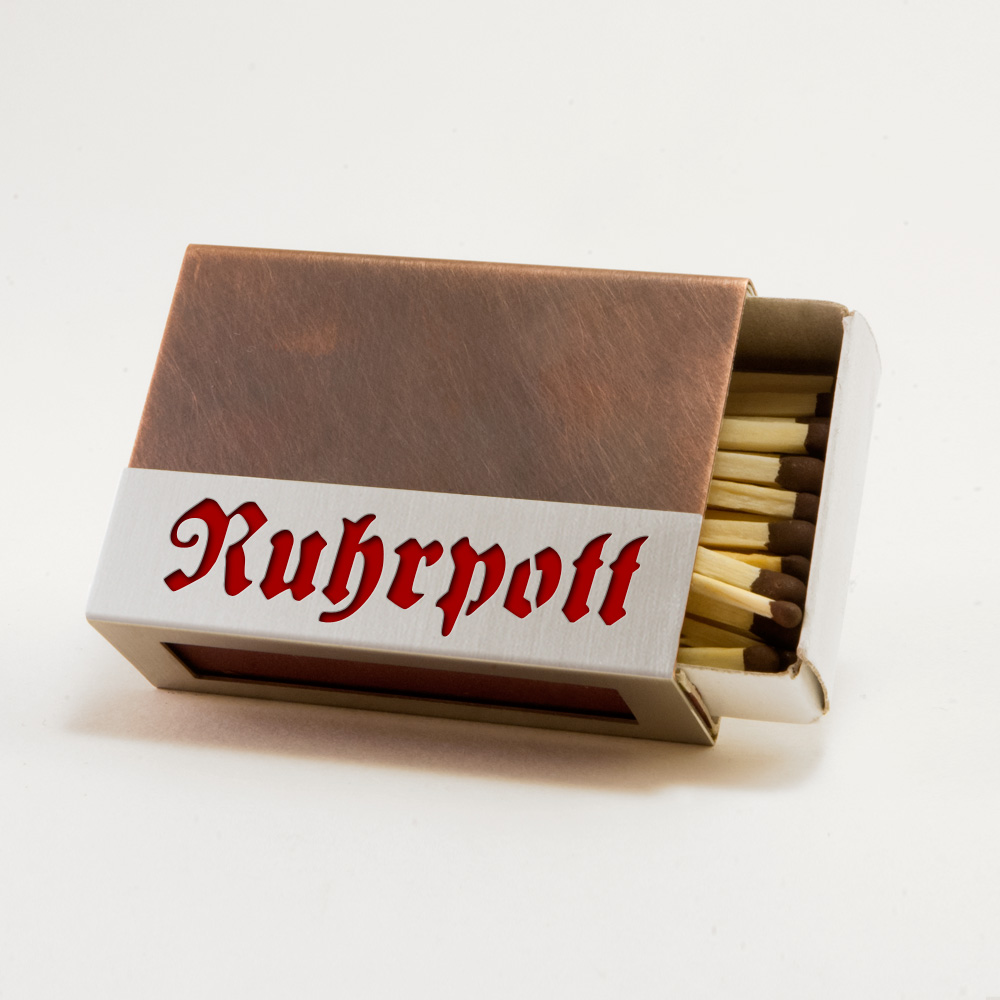 Streichholzschachtel - Huelle "Ruhrpott" aus Edelstahl und Kupfer mit roter Schrift