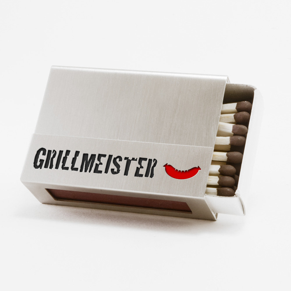 Streichholzschachtel - Huelle "Grillmeister" aus Edelstahl mit schwarzer Schrift und roter Grillwurst